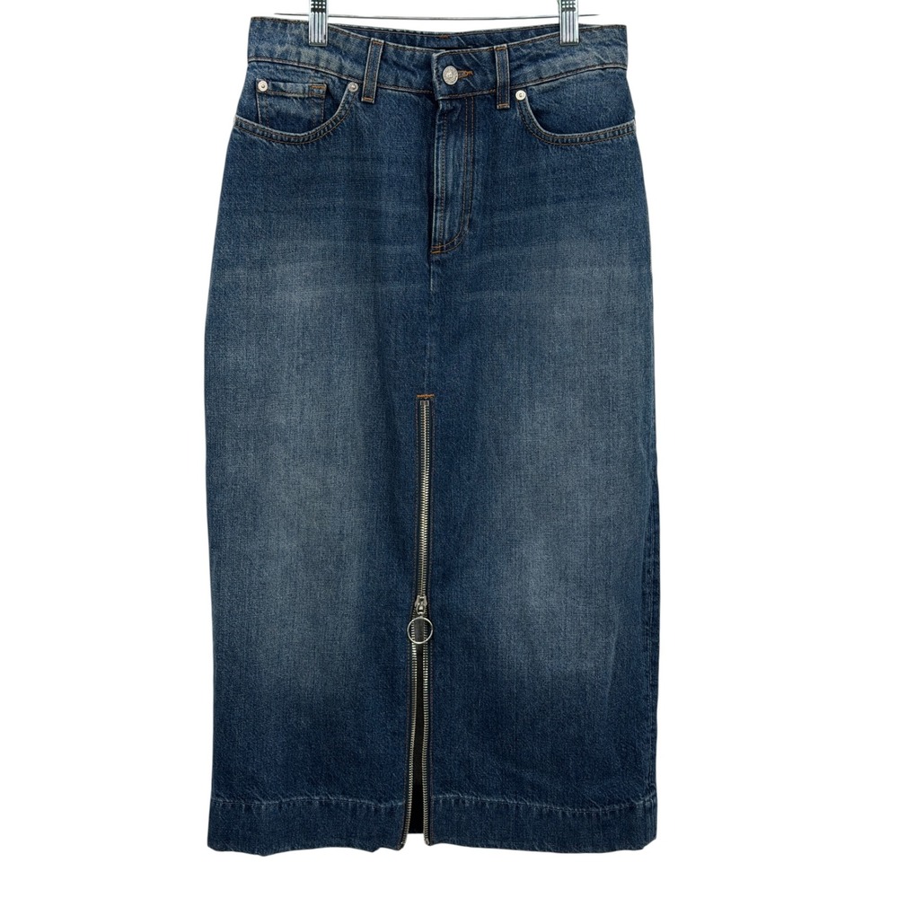 7 For All Mankind Amber Denim Maxi Skirt Womens 27 Blue Ring Zip Hem Edgy Italy